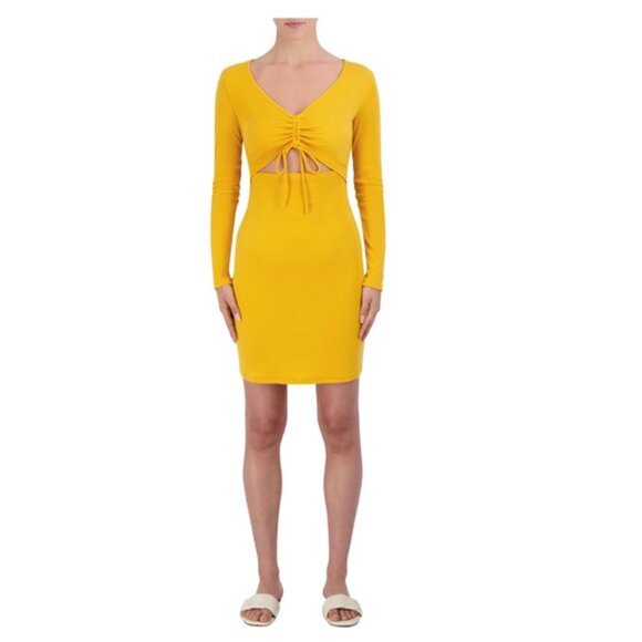 BCBG Paris Women's Rib Knit Cut Out Dress Long Sleeve Yellow Medium NWT - Picture 4 of 9